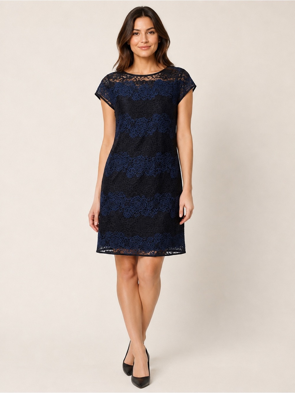 LOFT Navy and Black Lace Shift Dress